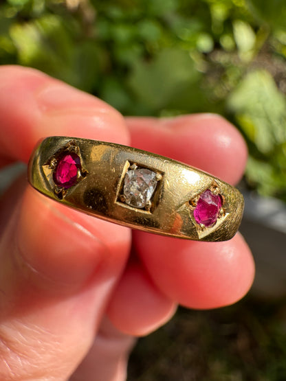 Antique Victorian 18ct yellow gold rose cut diamond and cushion cut ruby gypsy ring