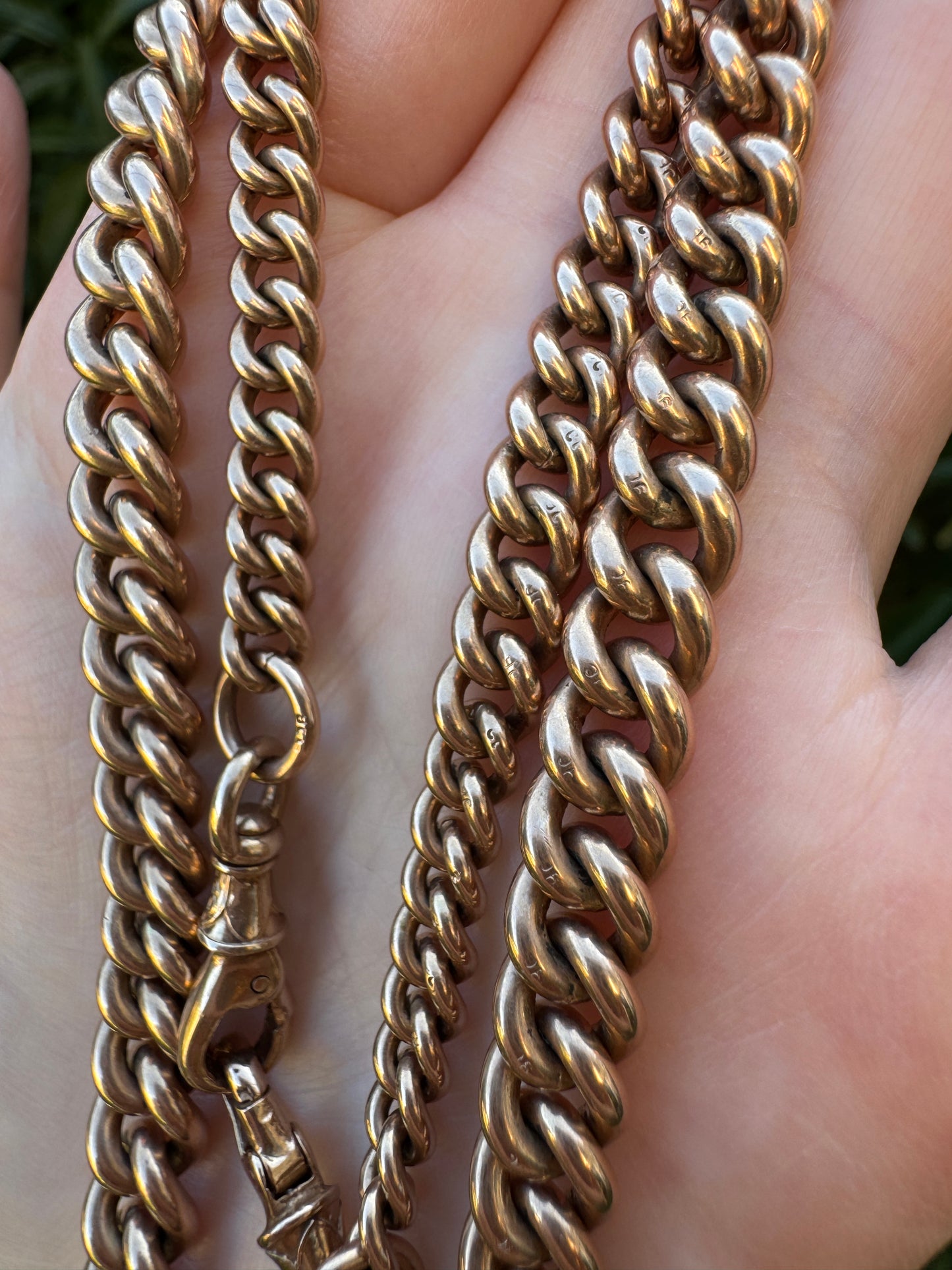 Antique 9ct yellow gold double Albert graduated curb chain, 50cm / 19.7 inches long