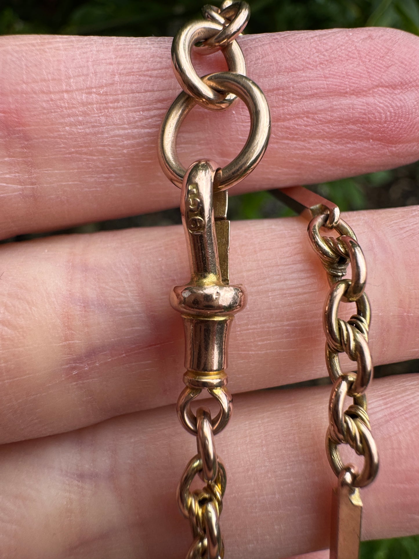 Antique 9ct rosy yellow gold bar and chain bracelet/extender with dog clip