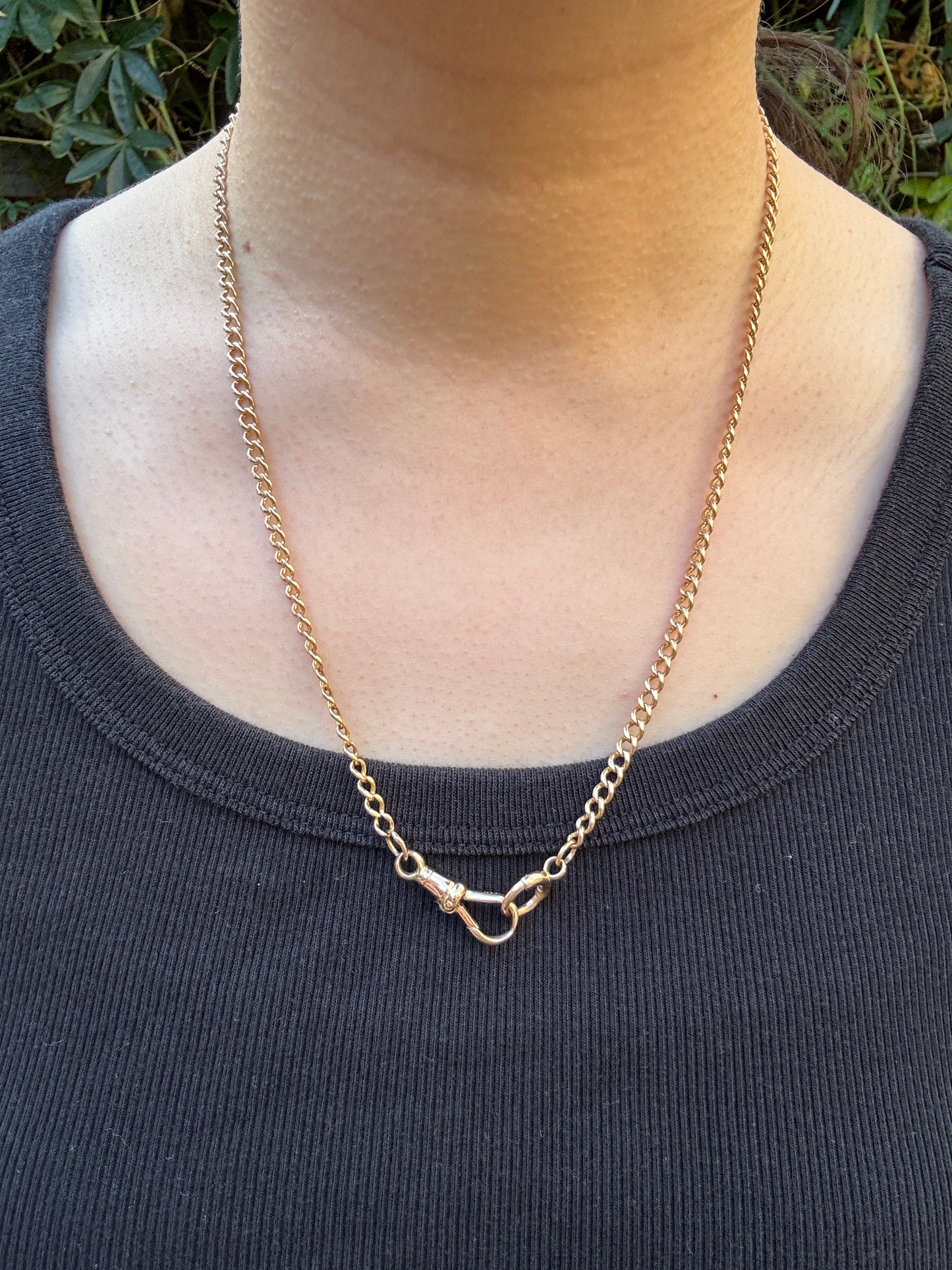 Antique 15ct yellow gold curb link watch chain with dog clip, 53.5cm / 21.06 inches long