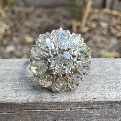 Vintage 14ct yellow gold and platinum 3.4ct TCW old pear cut and old mine cut diamond cluster ring