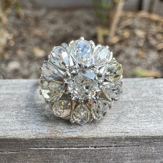 Vintage 14ct yellow gold and platinum 3.4ct TCW old pear cut and old mine cut diamond cluster ring