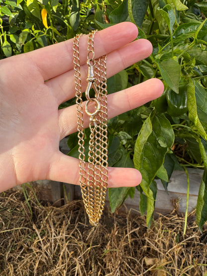 Antique 15ct yellow gold curb link watch chain with dog clip, 53.5cm / 21.06 inches long