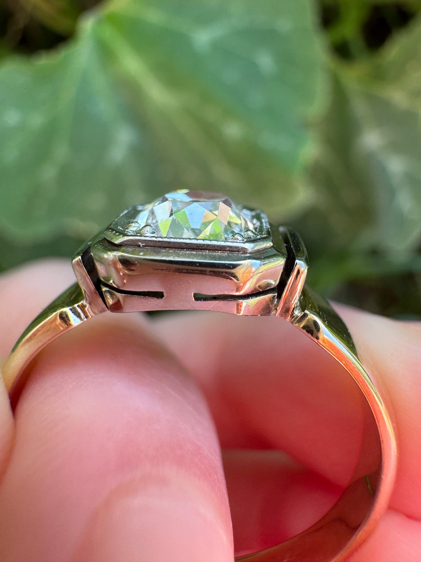 Vintage Mid Century English 9ct yellow and white gold 0.91ct old mine cut diamond signet ring