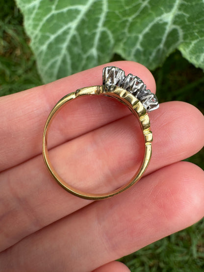 Vintage 18ct yellow gold three stone 0.5ct TCW old European cut diamond crossover ring