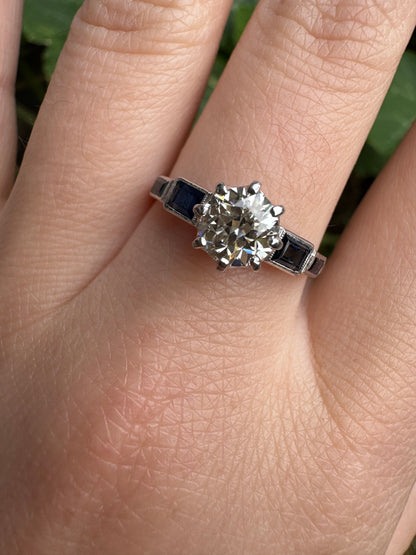 Antique 18ct white gold 0.87ct old European cut diamond and 0.5ct TCW baguette cut natural sapphire ring