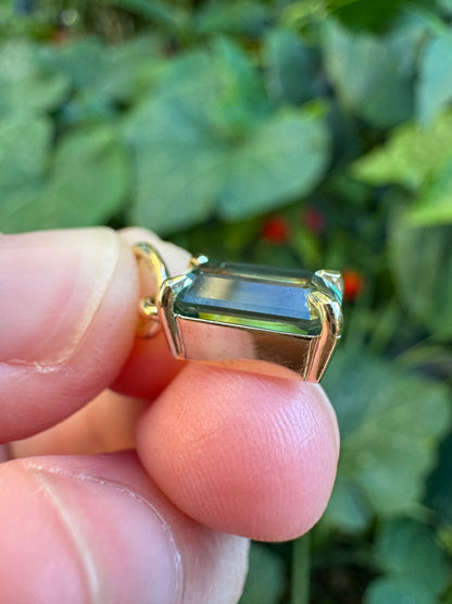 Custom handmade recycled 9ct yellow gold 2.54ct emerald cut Australian parti sapphire prong set pendant