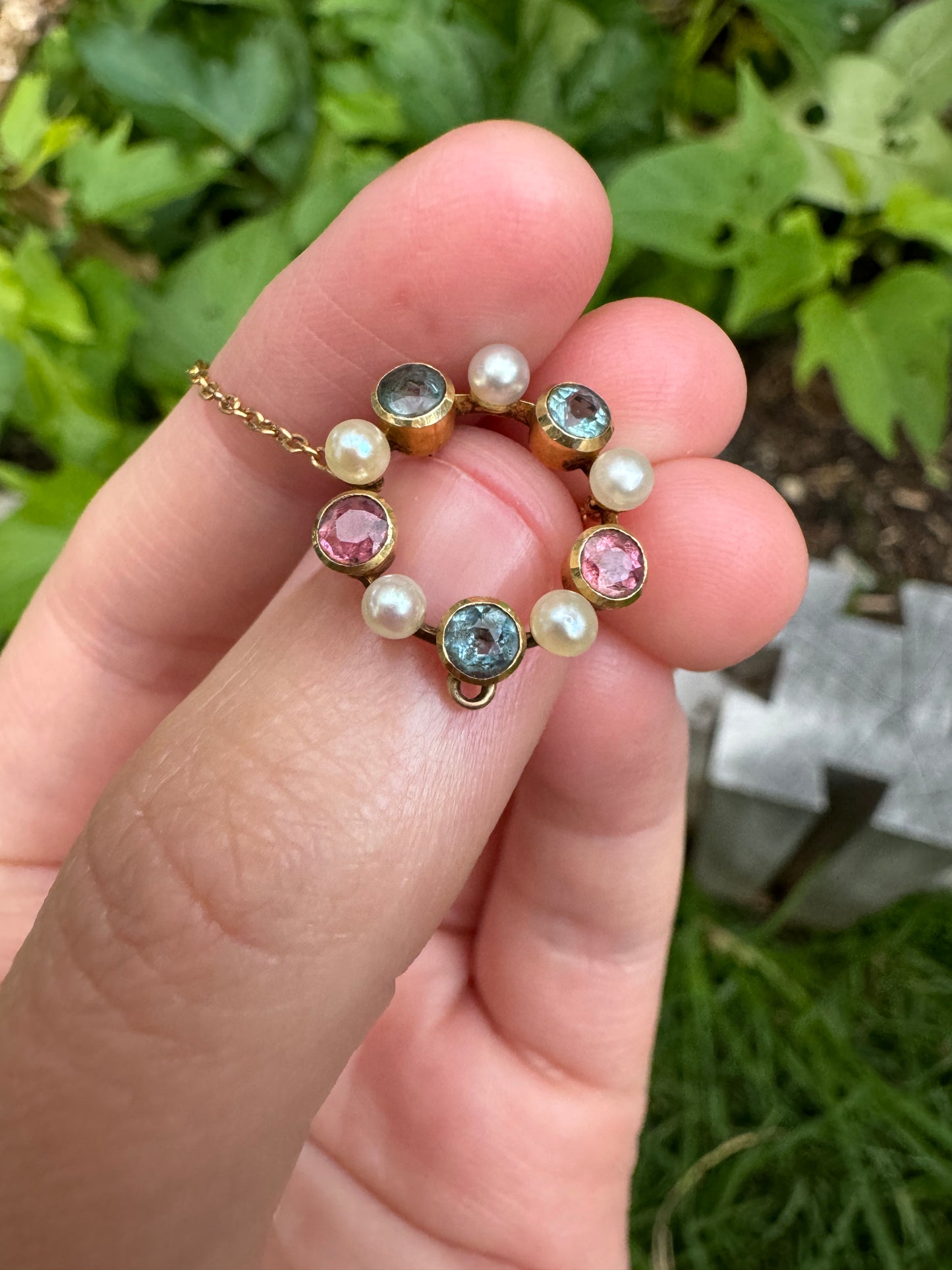 Antique 15ct yellow gold morganite, aquamarine and pearl necklace