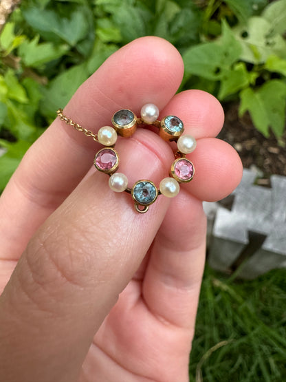 Antique 15ct yellow gold morganite, aquamarine and pearl necklace