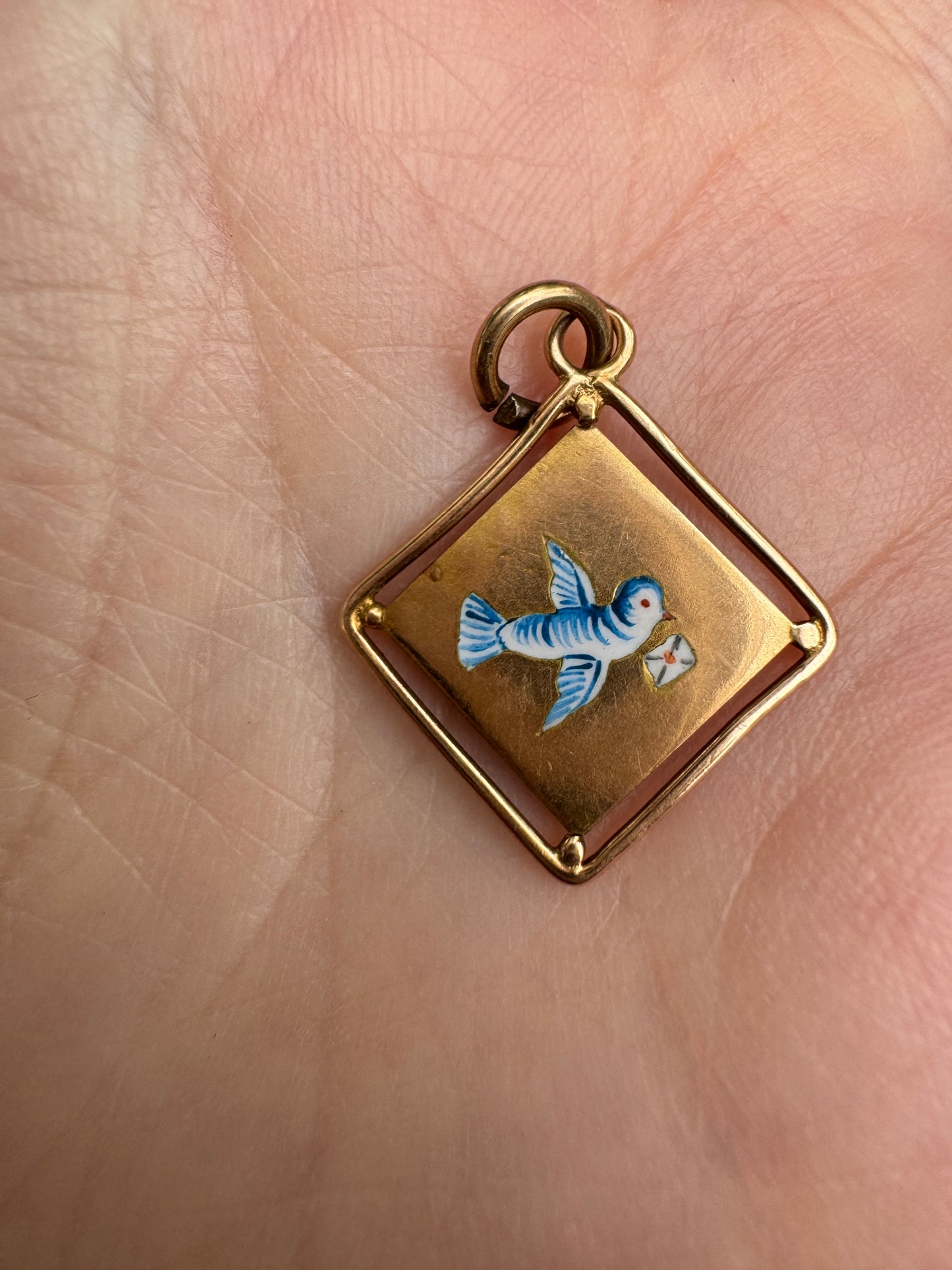 Vintage 14ct yellow gold and enamel bluebird pendant