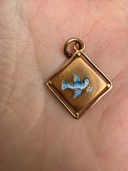 Vintage 14ct yellow gold and enamel bluebird pendant
