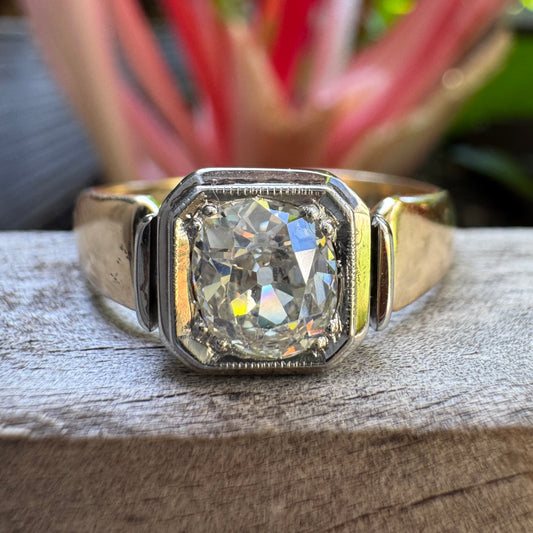 Vintage Mid Century English 9ct yellow and white gold 0.91ct old mine cut diamond signet ring
