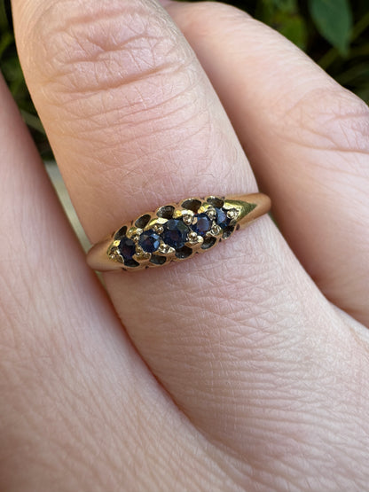Antique Victorian 18ct yellow gold five stone natural sapphire boat ring