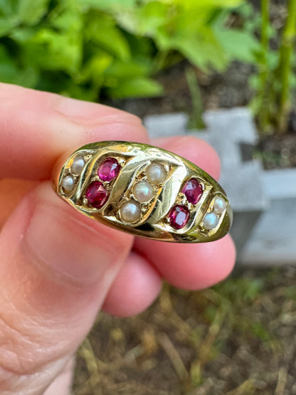 Antique Victorian 15ct yellow gold ruby and seed pearl ring