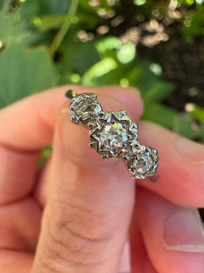 Vintage 18ct white gold and platinum three stone 0.16ct TCW old mine cut and old European cut diamond ring