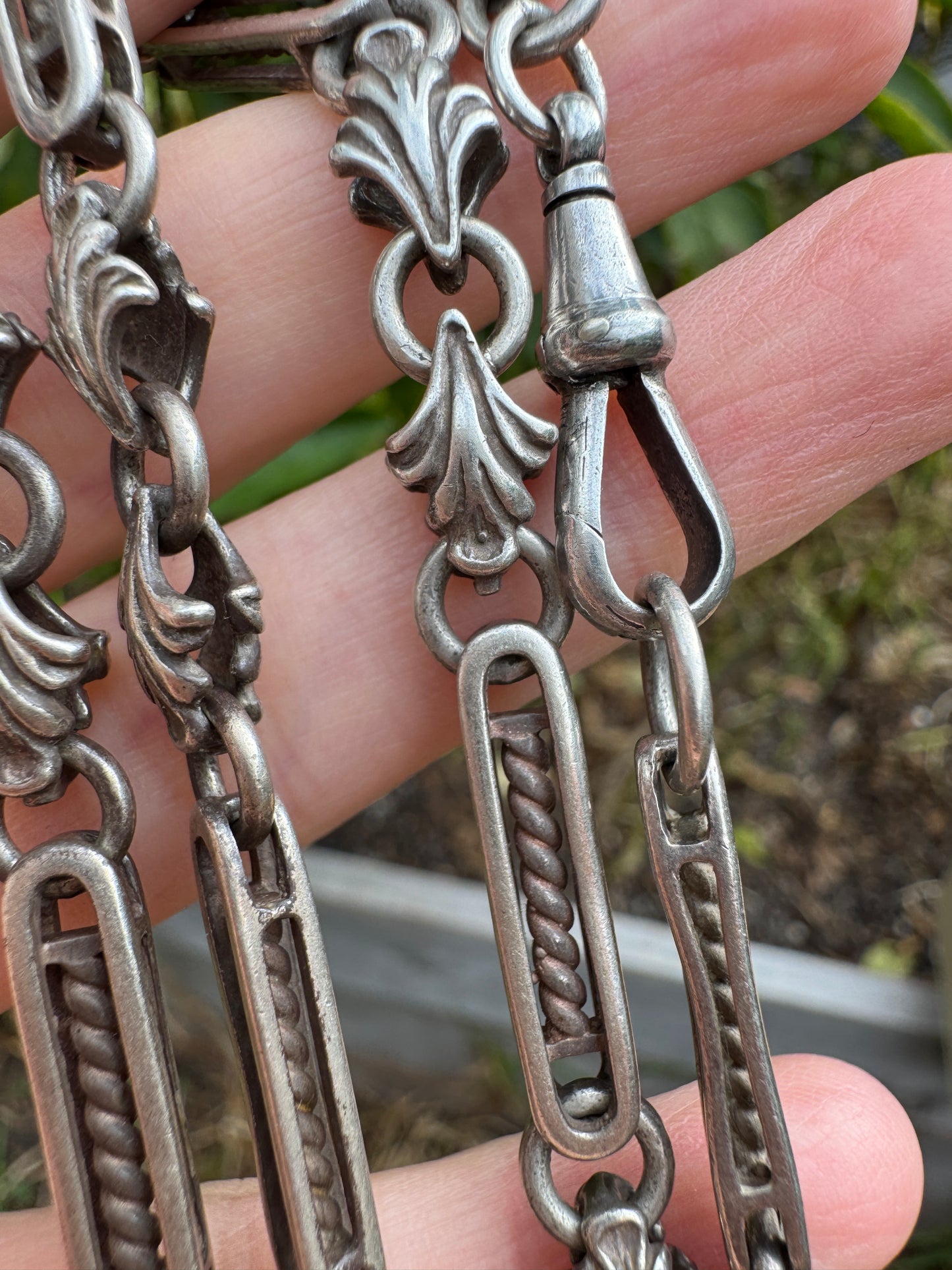 Vintage silver fancy acanthus and fetter fob chain with dog clip, 50cm / 19.69 inches long