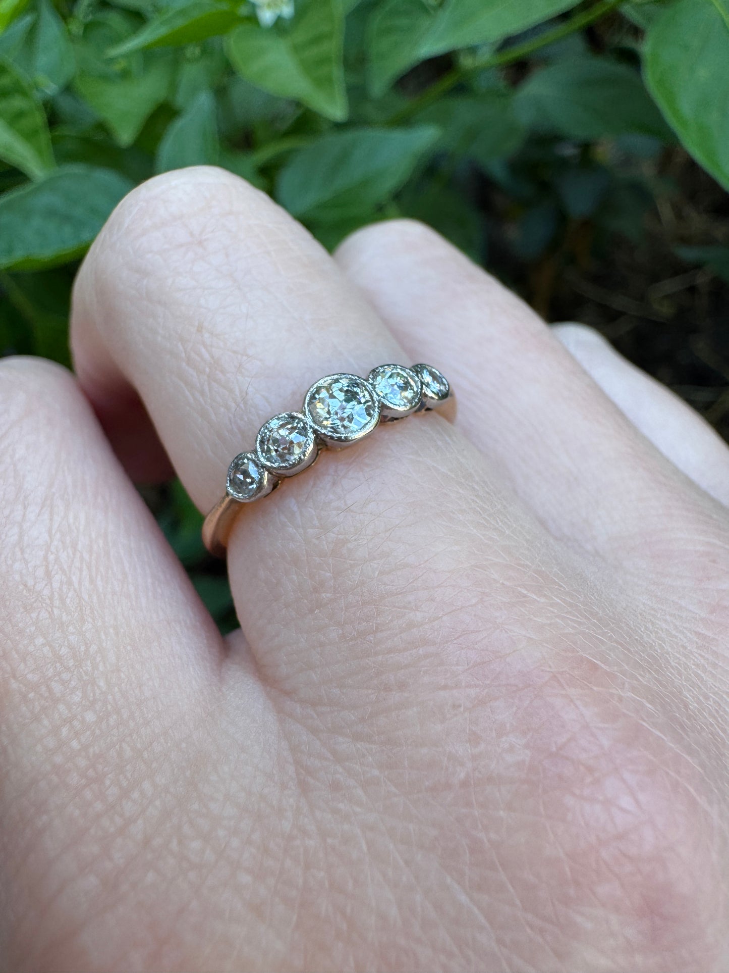 Antique 18ct yellow gold five stone 0.5ct TCW old mine cut diamond bezel set ring