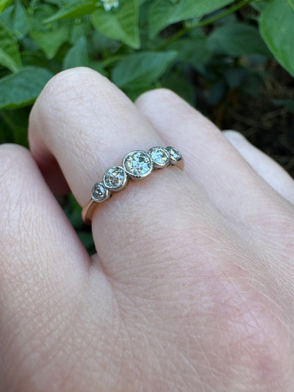 Antique 18ct yellow gold five stone 0.5ct TCW old mine cut diamond bezel set ring