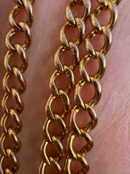 Antique 15ct yellow gold curb link watch chain with dog clip, 53.5cm / 21.06 inches long
