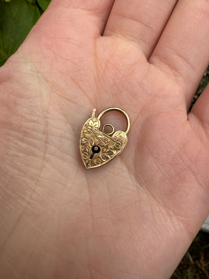 Vintage 9ct yellow gold engraved heart padlock charm