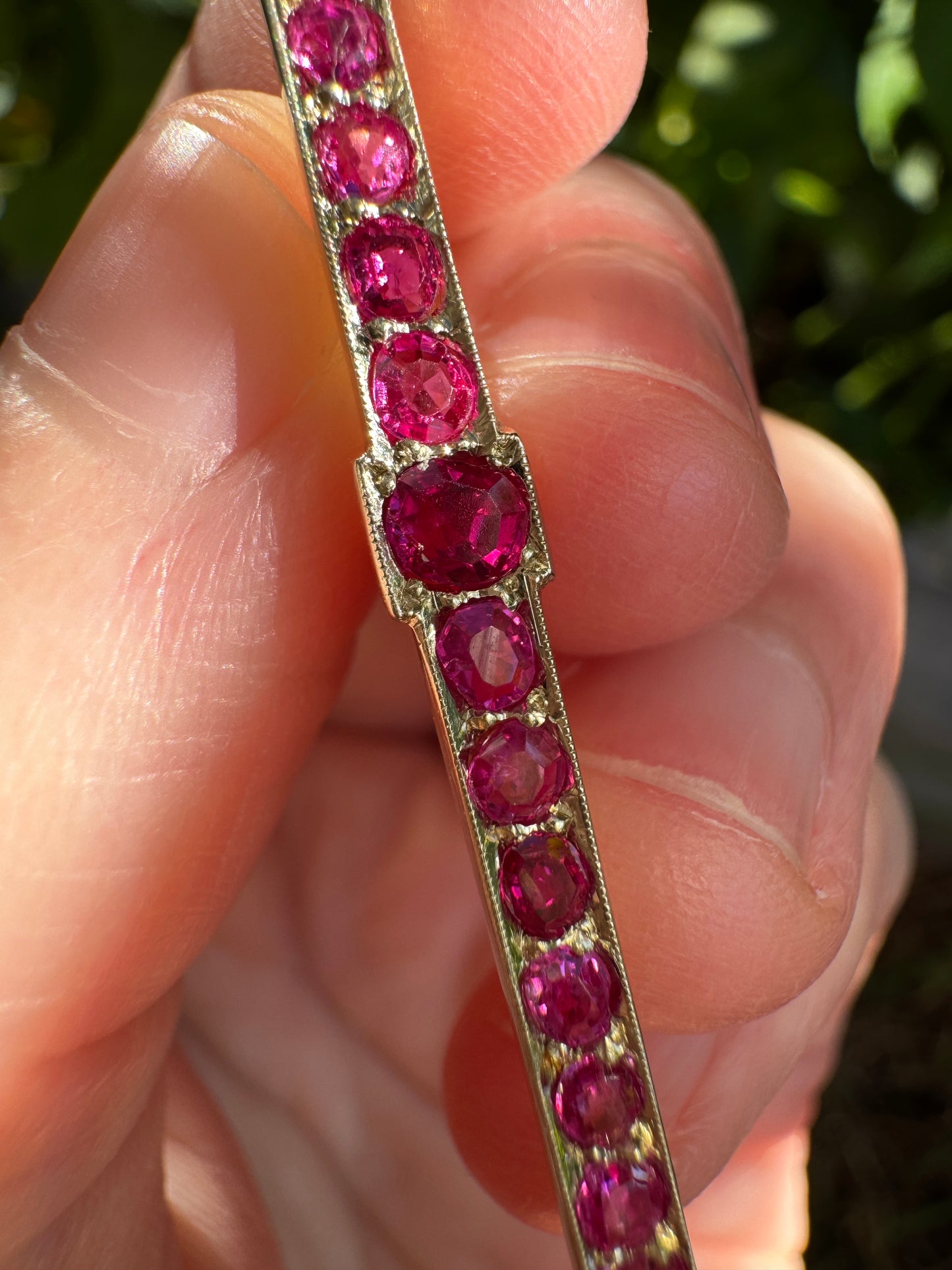 Antique 14ct yellow gold 1.86ct TCW old single cut natural ruby bar brooch/chain extender with lock mechanism