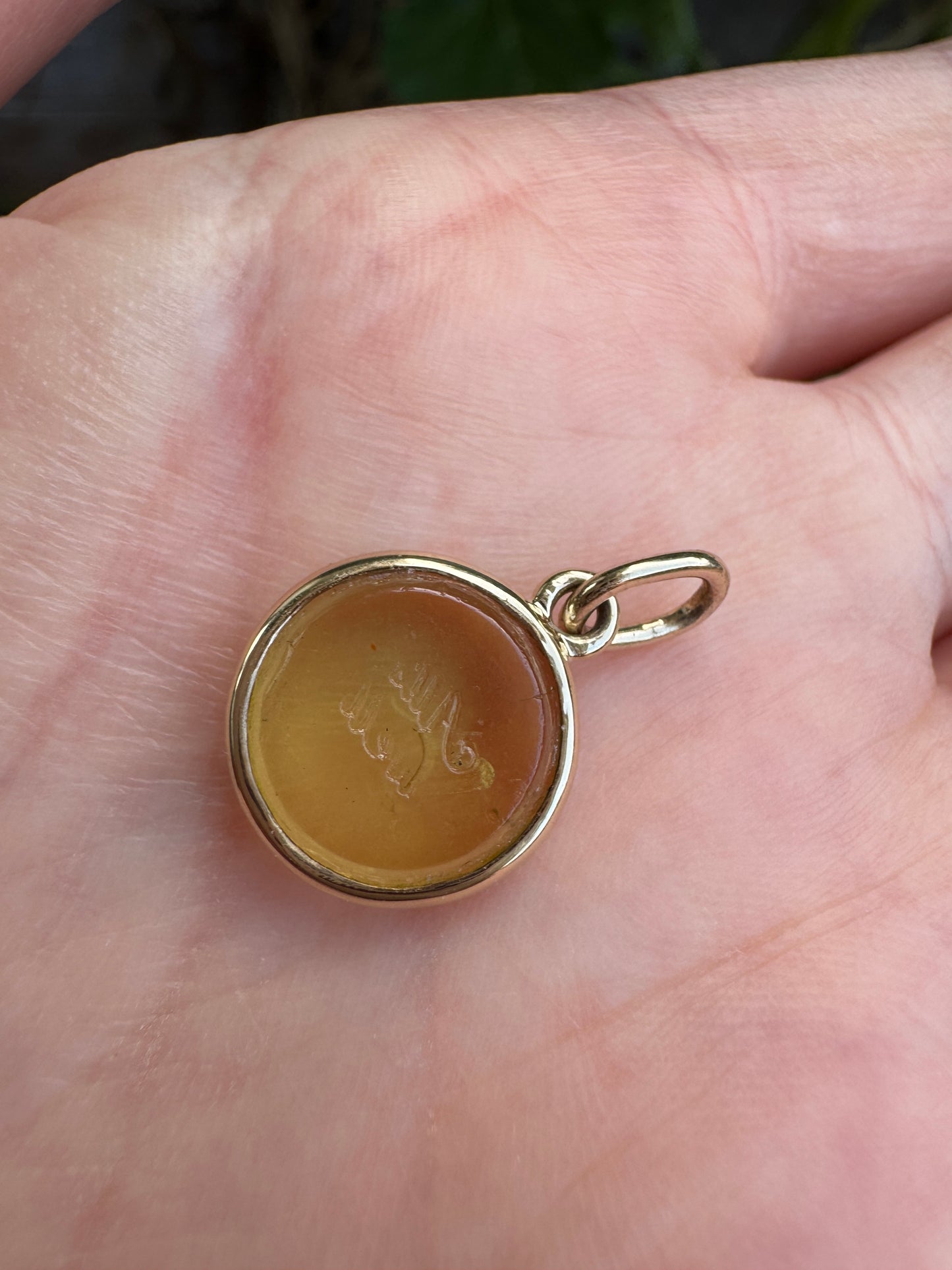 Custom handmade recycled 9ct yellow gold 'All's well' antique paste fob seal bezel set pendant