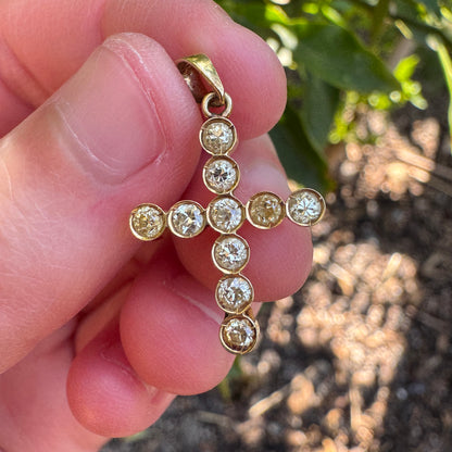 Vintage 14ct yellow gold 0.37ct TCW old European cut diamond bezel set cross pendant