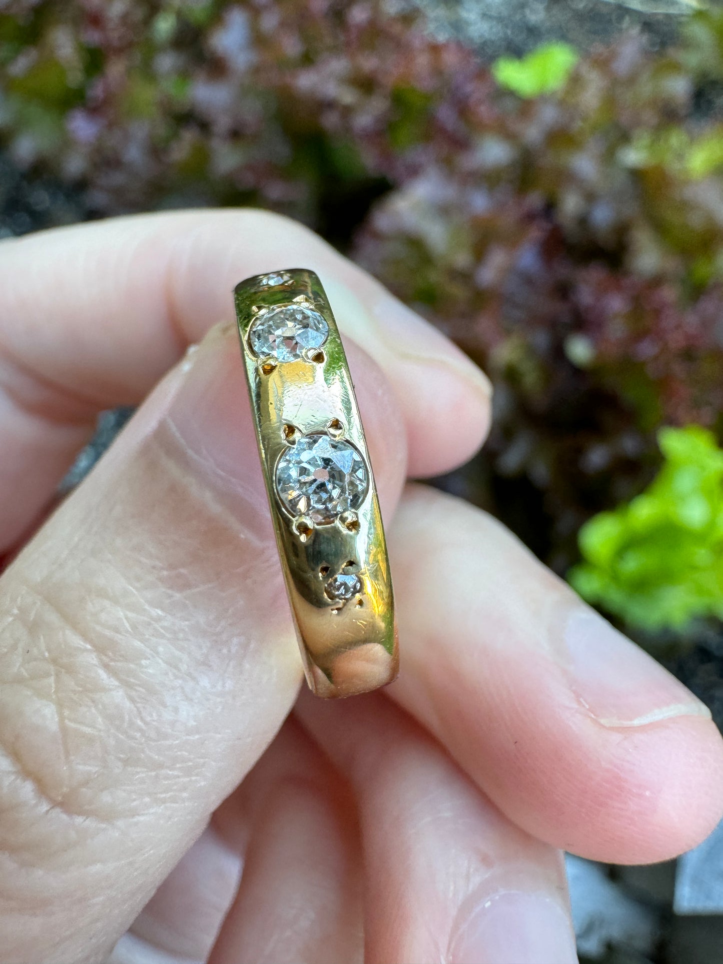 Vintage 18ct yellow gold 0.3ct TCW old mine cut and single cut diamond flush set toi et moi ring