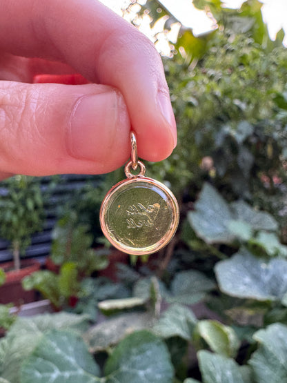 Custom handmade recycled 9ct yellow gold 'All's well' antique paste fob seal bezel set pendant