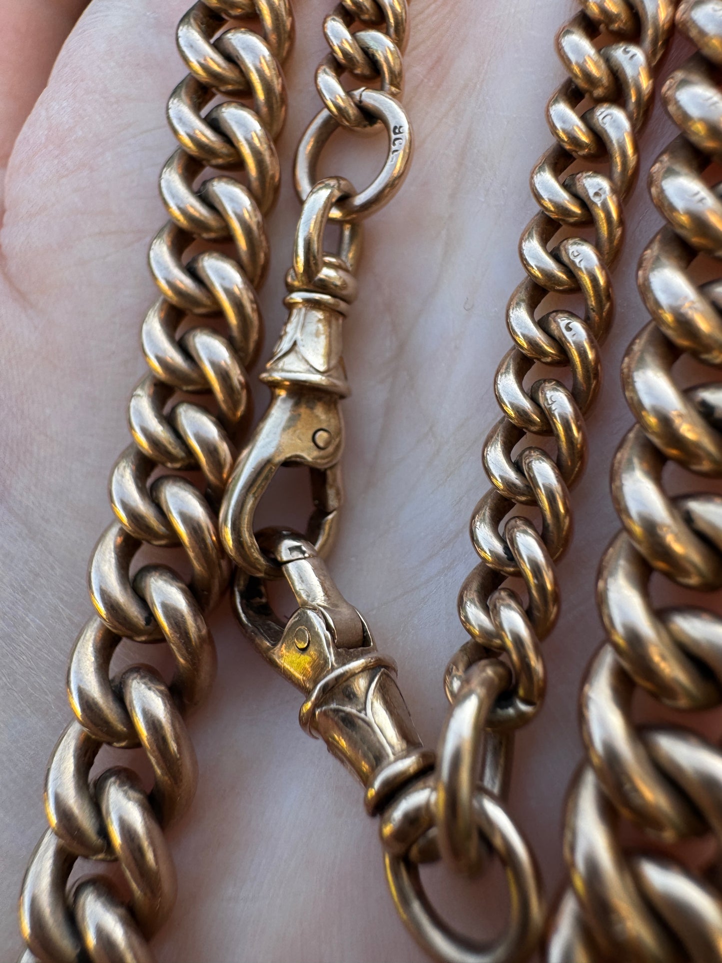 Antique 9ct yellow gold double Albert graduated curb chain, 50cm / 19.7 inches long
