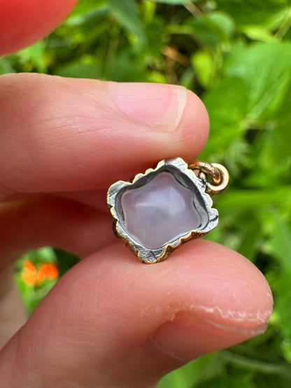 Antique gilt metal heart and Cupid's arrow white chalcedony intaglio pendant