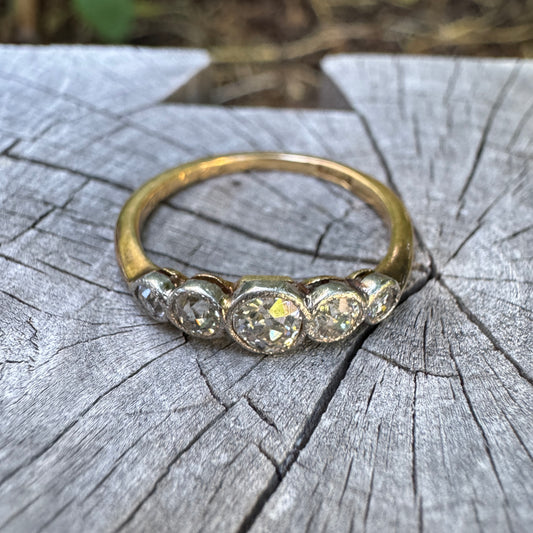 Antique 18ct yellow gold five stone 0.5ct TCW old mine cut diamond bezel set ring
