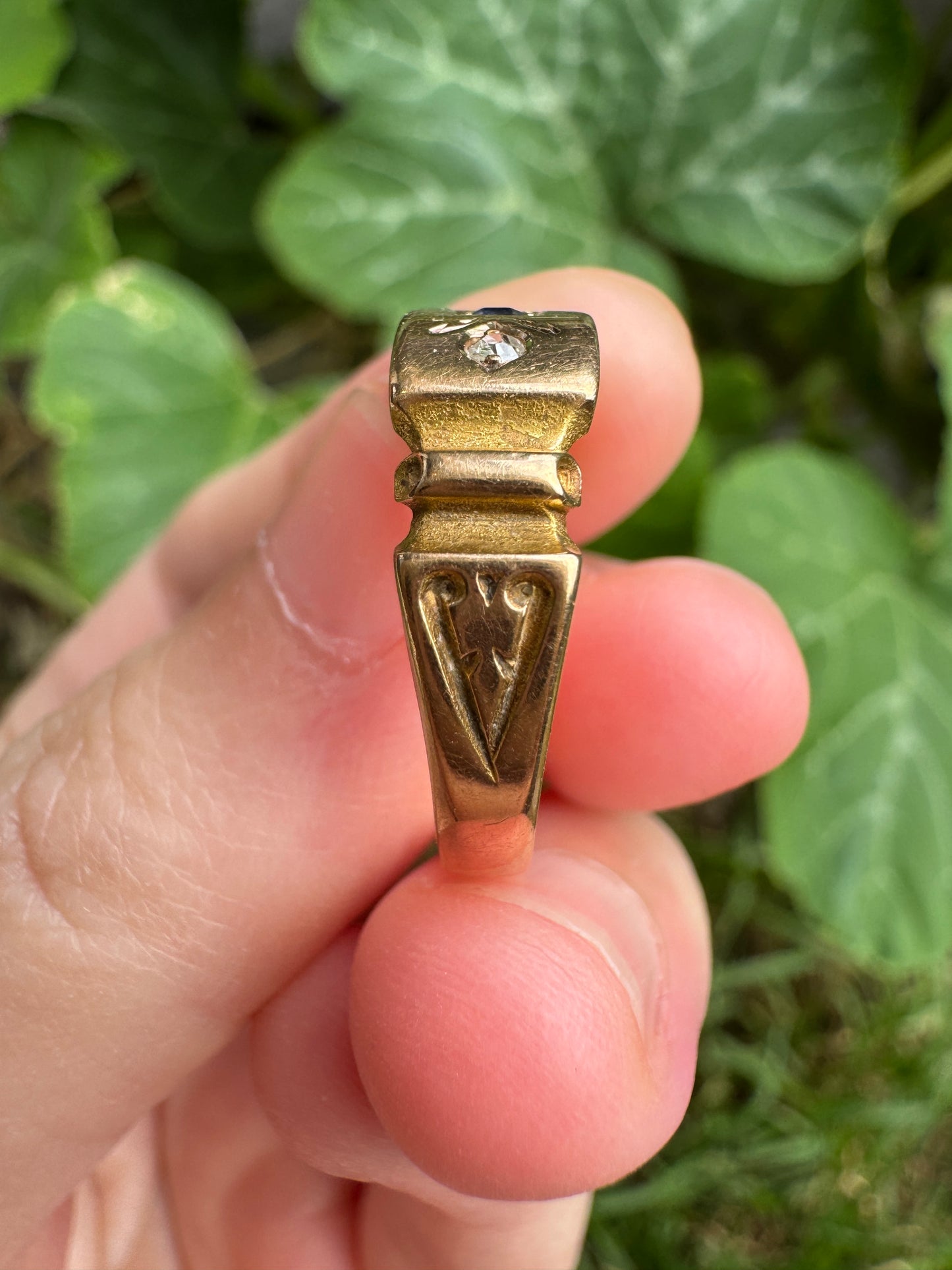 Antique Australian 15ct rosy yellow gold natural sapphire and old single cut diamond gypsy ring