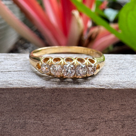 Antique English 18ct yellow gold five stone 0.3ct TCW old mine cut diamond ring