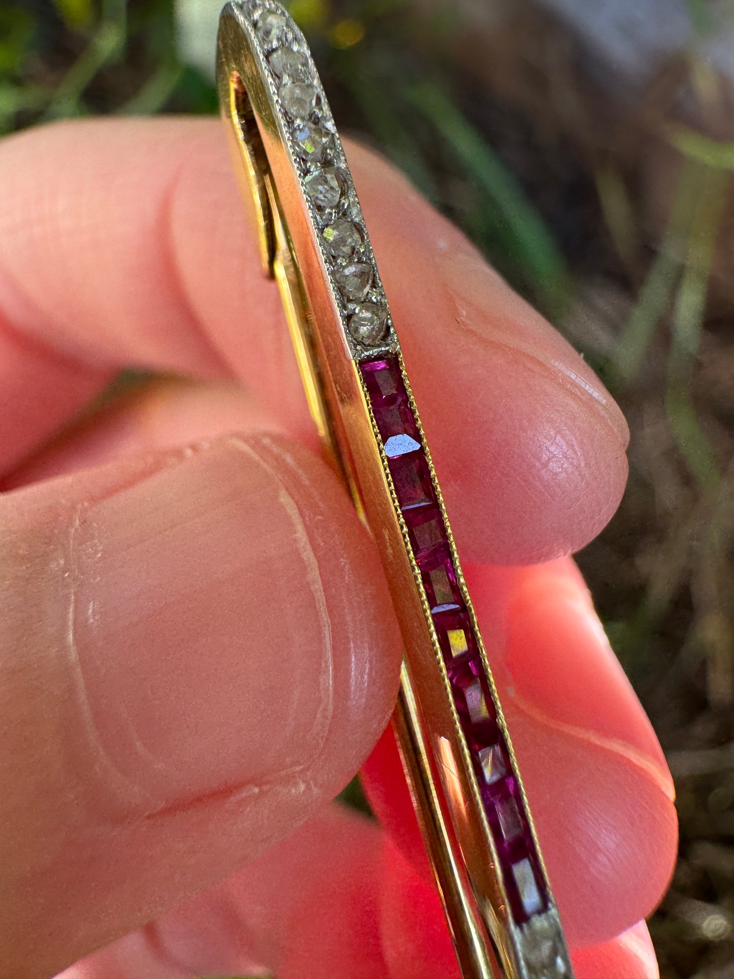 Antique 18ct yellow gold calibre cut ruby and rose cut diamond safety pin brooch/chain extender