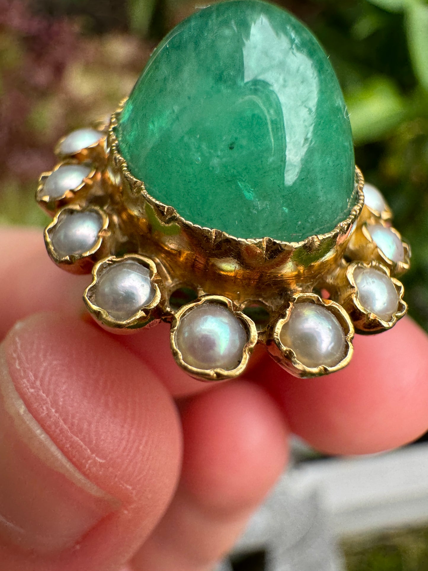 Vintage French 18ct yellow gold sugarloaf emerald cabochon and pearl ring