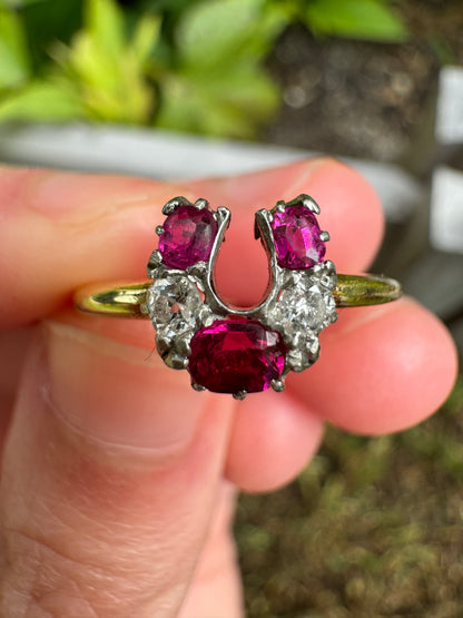 Vintage 18ct yellow gold ruby and diamond horseshoe ring