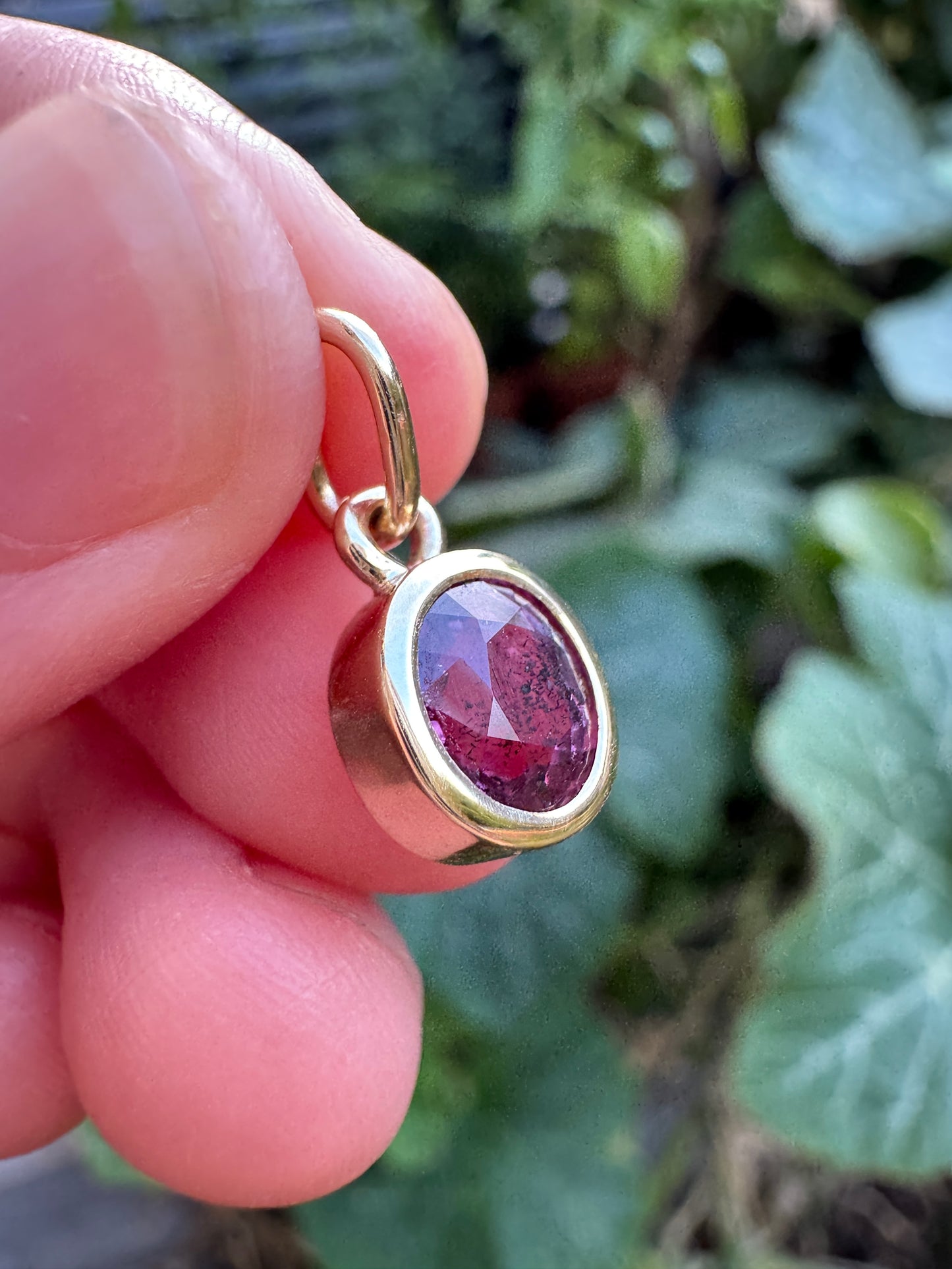 Custom handmade recycled 9ct yellow gold 1.56ct natural ruby bezel set pendant