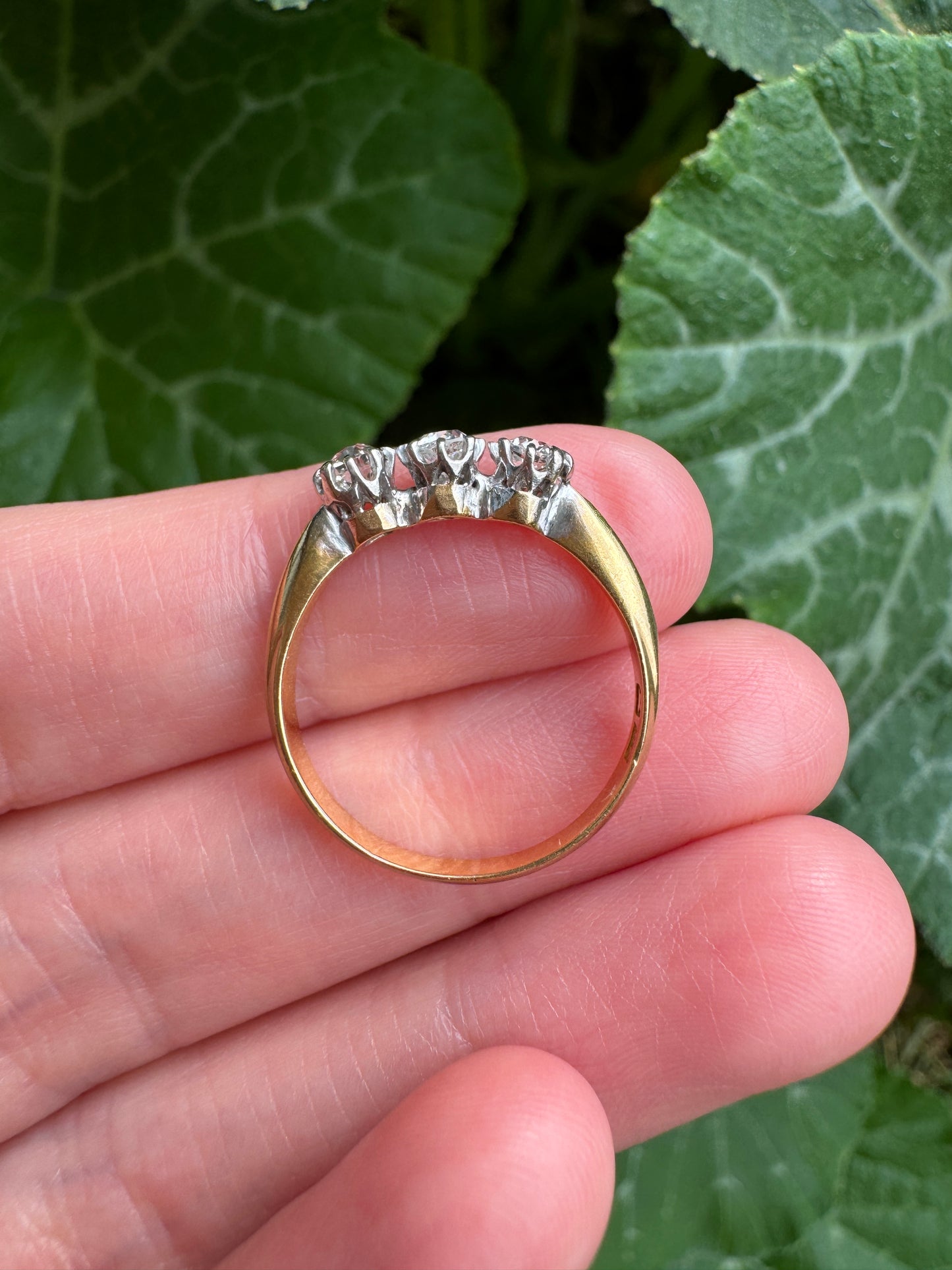 Antique Australian 18ct yellow gold three stone 0.44ct TCW old mine cut diamond ring
