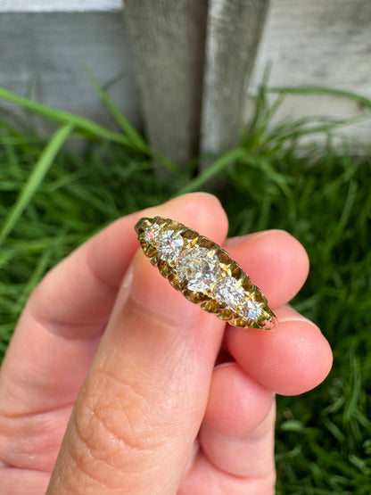 Vintage 18ct yellow gold five stone 0.44ct TCW old mine cut diamond boat ring