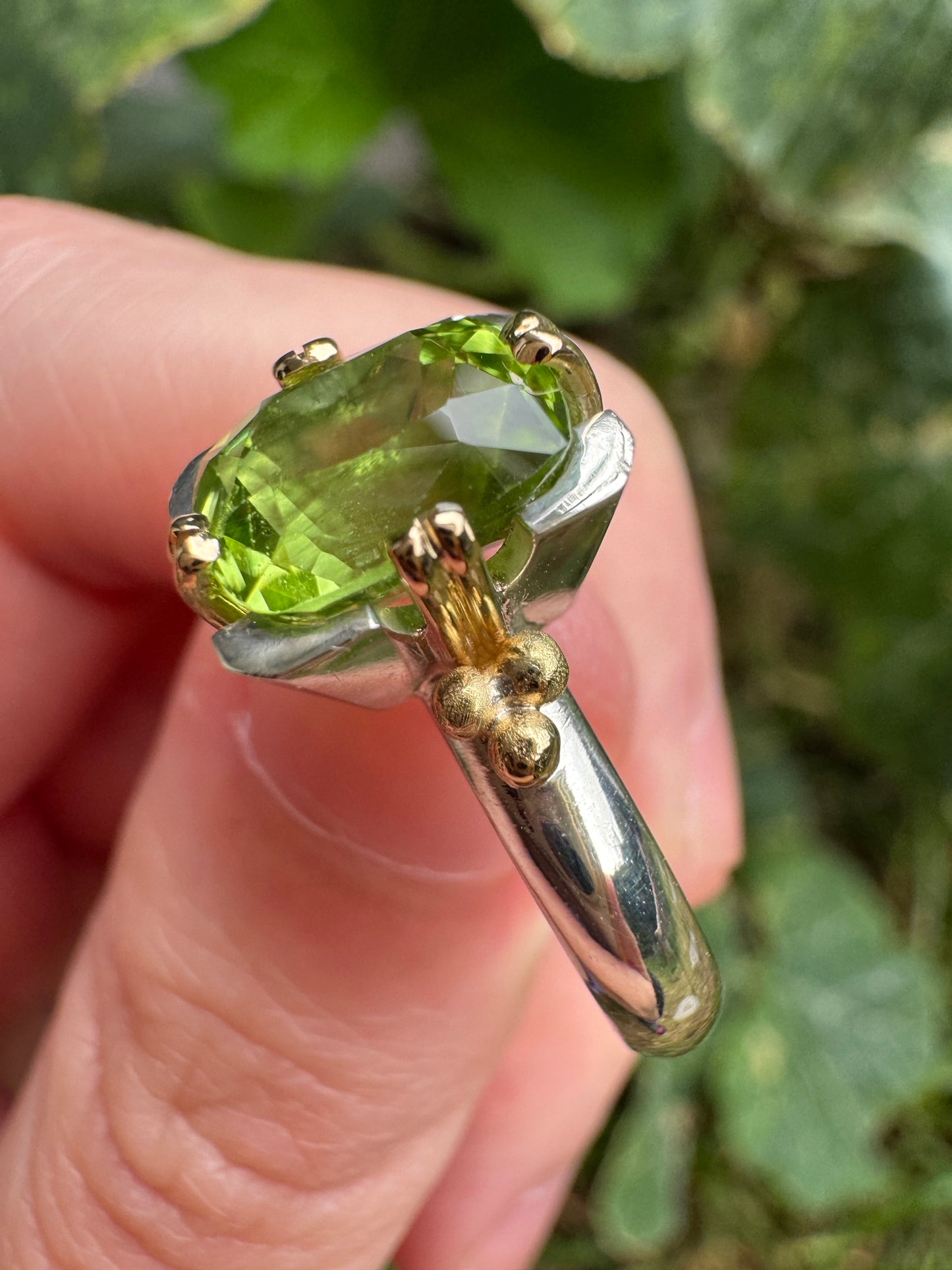 Custom handmade sterling silver and recycled 18ct yellow gold 2.54ct peridot ring