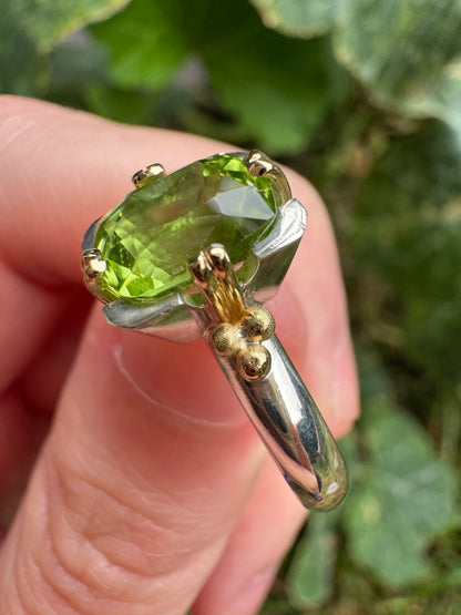Custom handmade sterling silver and recycled 18ct yellow gold 2.54ct peridot ring