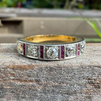 Antique 18ct yellow gold and platinum seven stone 0.73ct old cut diamond ring with 24 accent calibre cut rubies