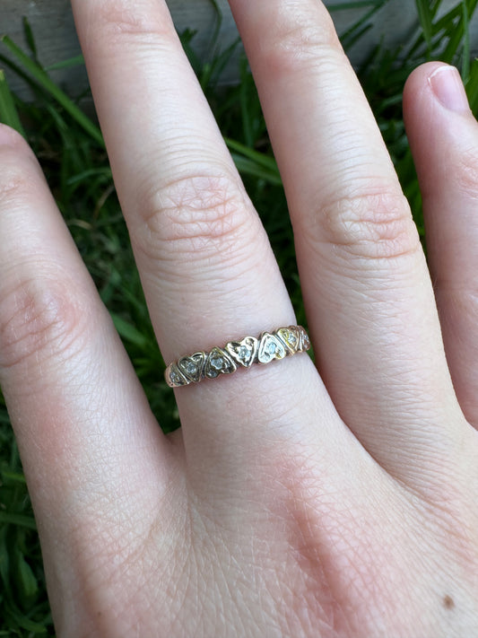 Vintage 9ct yellow gold diamond heart half hoop ring