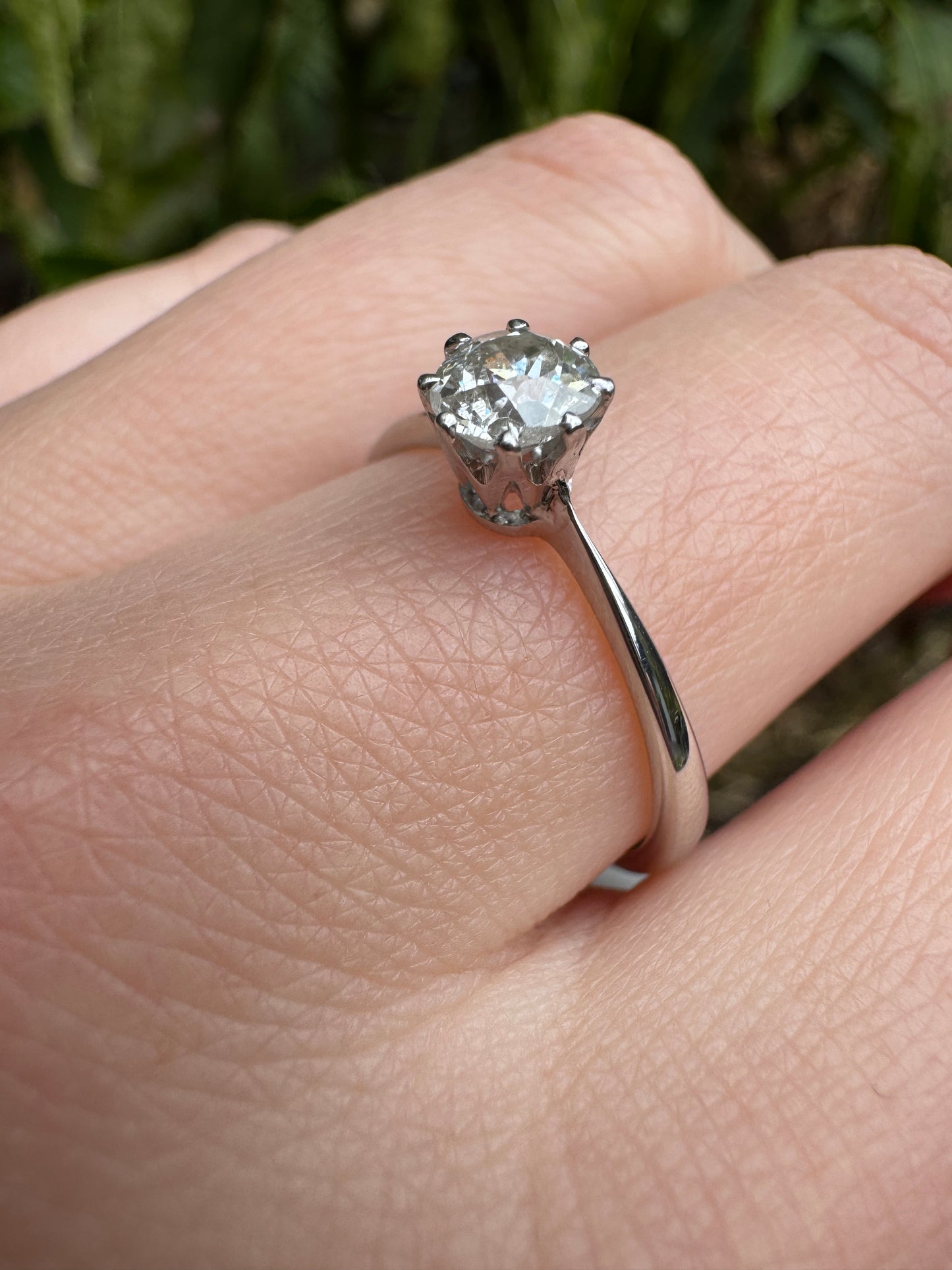 Vintage 9ct white gold 0.57ct old mine cut diamond solitaire ring