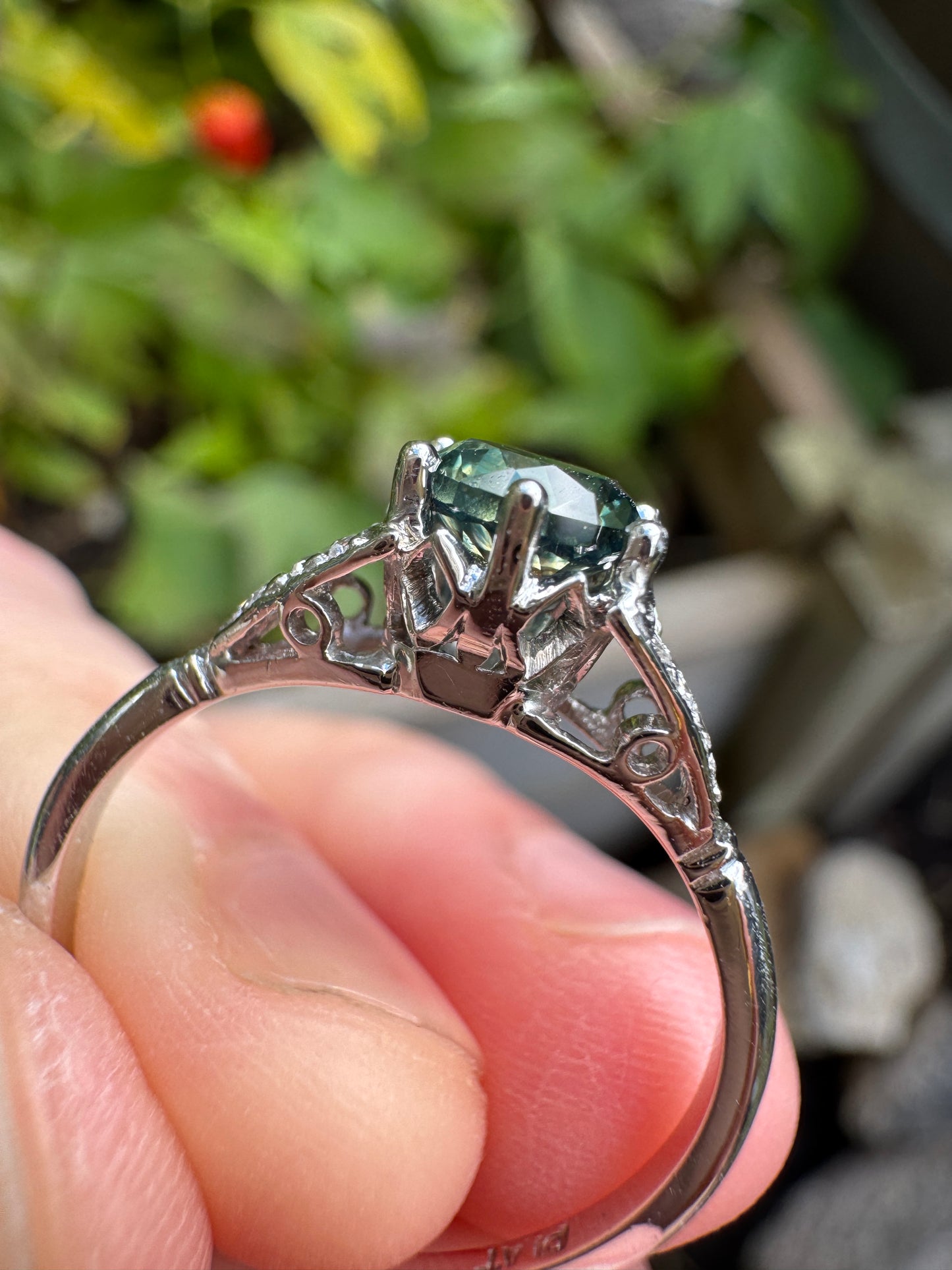 Antique platinum natural Australian parti sapphire and diamond ring