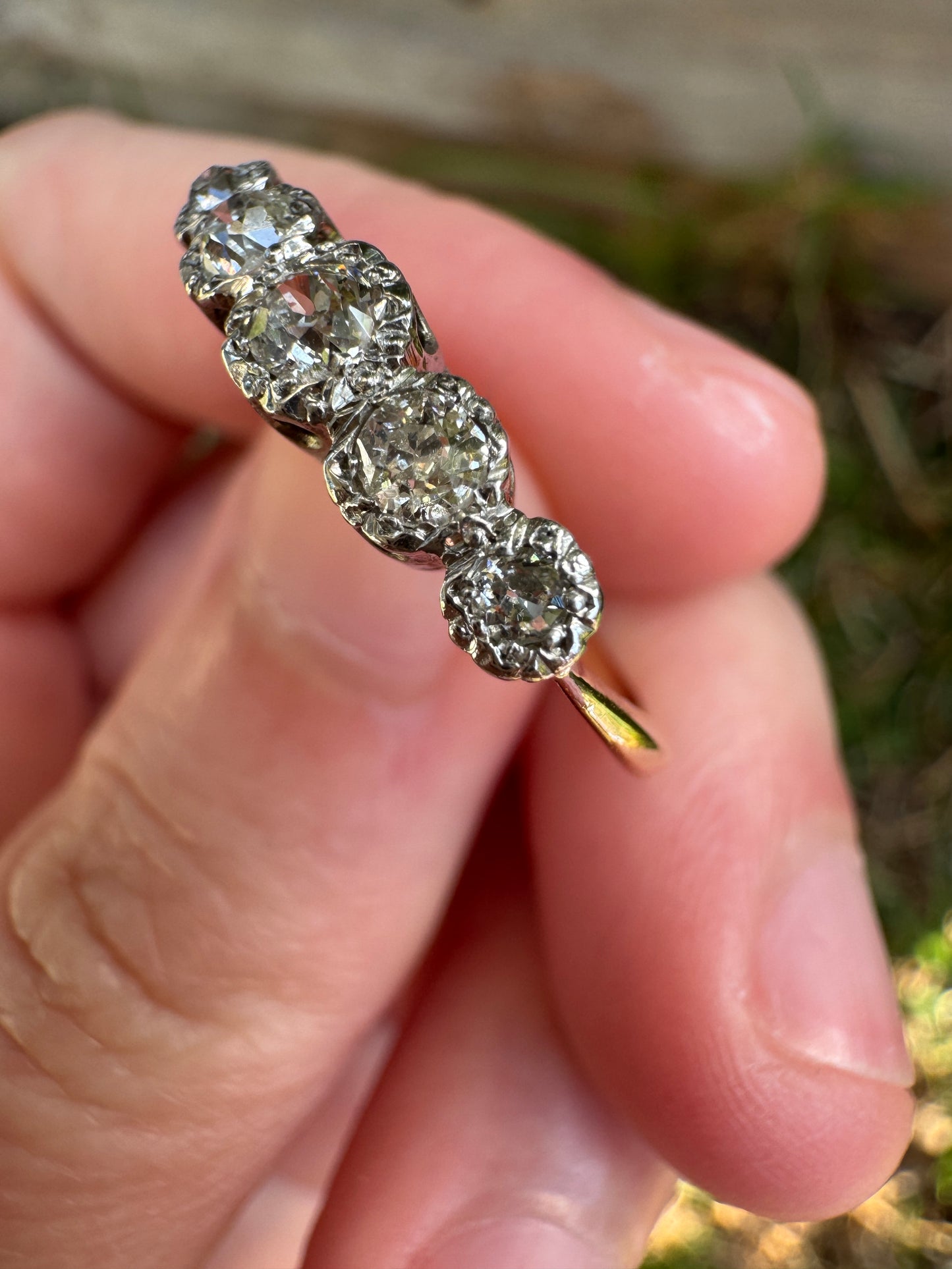 Antique 18ct yellow gold and platinum five stone 0.45ct TCW old mine cut diamond bezel set ring