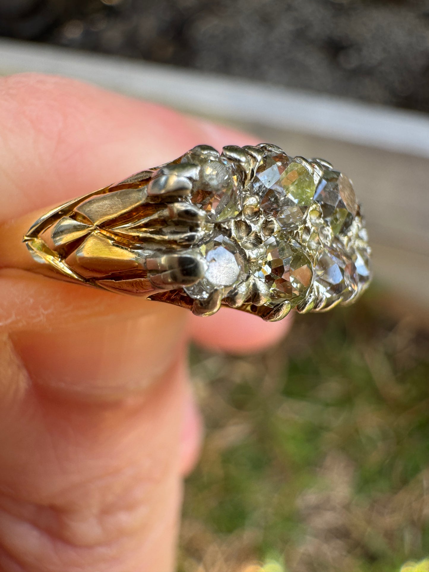 Antique 18ct yellow gold and platinum 1.1ct TCW old mine cut diamond double row ring