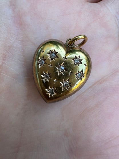 Antique English Victorian 15ct yellow gold rose cut diamond starset heart pendant