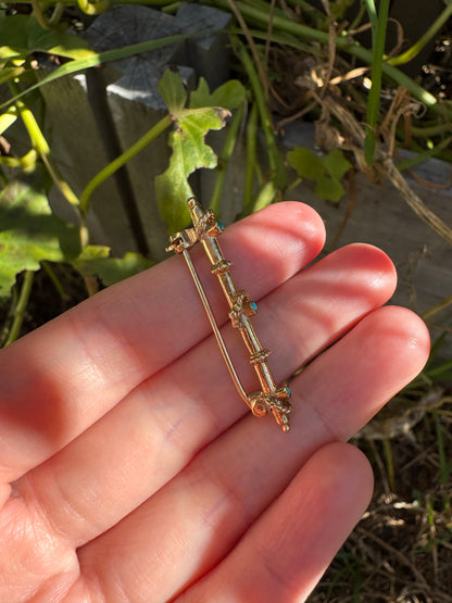 Vintage 9ct yellow gold turquoise cabochon bar brooch/chain extender